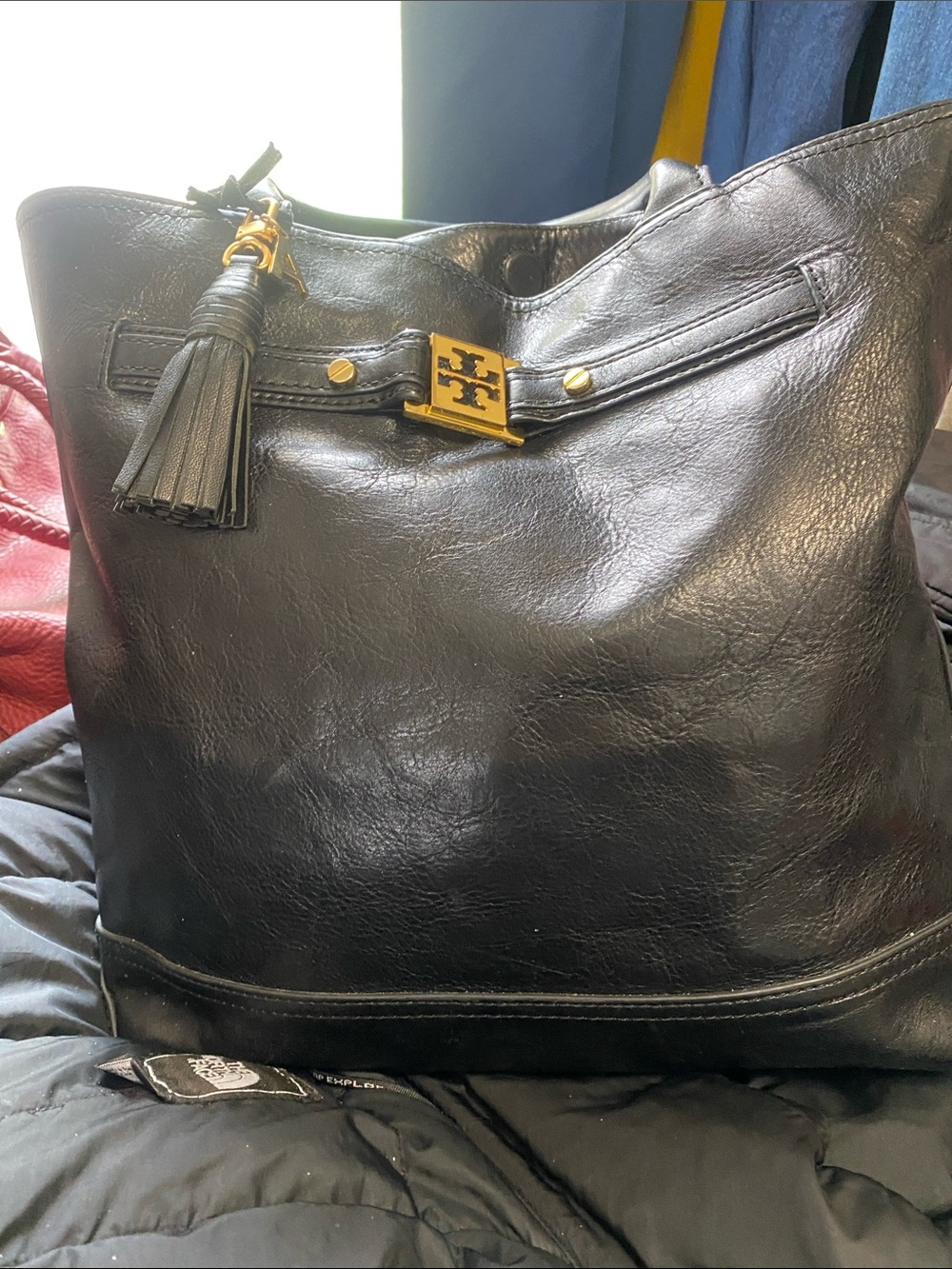 Tory Burch Black Leather Tote with Gold Logo and Tassel